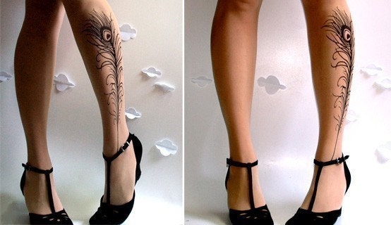Large/Extra Large sexy PEACOCK FEATHER TATTOO tights / stockings full length pantyhose Light Mocha