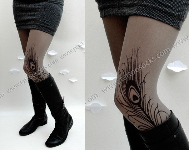 Large/Extra Large sexy MINI and BOOTS peacock FEATHER tattoo tights / stockings / full length / pantyhose / nylons Grey