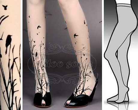 l/xl fabulous FOREST SYMPHONY tattoo nylons/ stockings /full length /pantyhose ultra pale