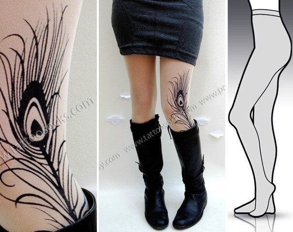 l/xl gorgeous MINI and BOOTS peacock FEATHER tattoo  tights / stockings full length pantyhose ultra pale