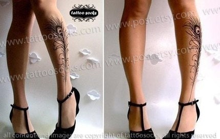 PEACOCK FEATHER TATTOO gorgeous thigh-high stockings Light Mocha