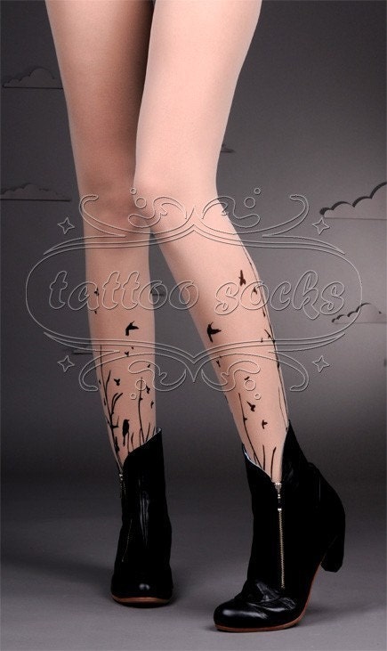 Large/Extra Large fabulous FOREST SYMPHONY tattoo stockings/ full length / pantyhose / nylons Light Mocha