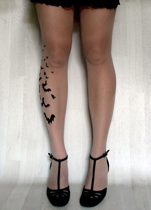 s/m sexy BATS tattoo tights / stockings/ full length / pantyhose / nylons LIGHT MOCHA