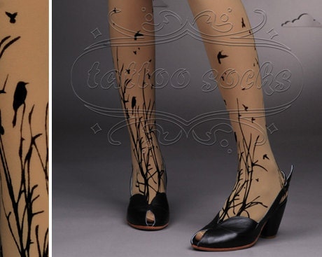 fabulous FOREST SYMPHONY tattoo thigh-high nylons Cafe Latte
