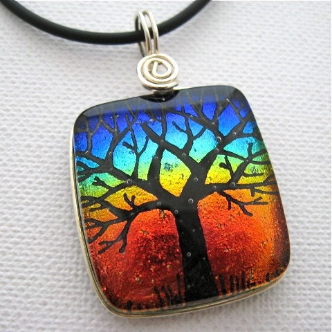 Dichroic Glass Pendant Sterling Silver Wrapped Tree of Life Hand-Etched OUTBACK SUNSET