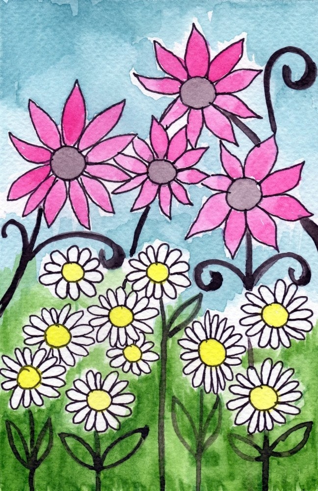 Buy 2 Get 1 FREE -- Watercolor Painting: Watercolor Flowers -- Art Print --  Pink Flower White Flower -- 4x6