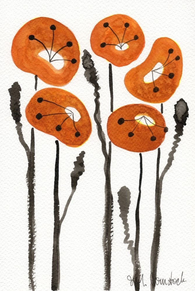Buy 2 Get 1 FREE -- Watercolor Painting: Watercolor Flowers -- Art Print --  Orange Poppies -- 4x6