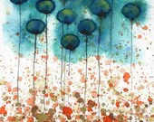 Buy 2 Get 1 FREE -- Watercolor Painting: Watercolor Flowers -- Art Print --  Tide Pool -- Teal Flowers -- 8x10
