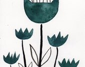 Buy 2 Get 1 FREE -- Watercolor Painting: Watercolor Flowers -- Art Print --  Scandinavian Tulips in Teal -- 4x6