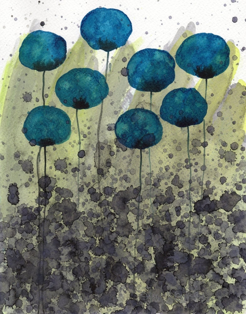 Buy 2 Get 1 FREE -- Watercolor Painting: Watercolor Flowers -- Art Print --  In Too Deep -- Teal Flowers -- 8x10
