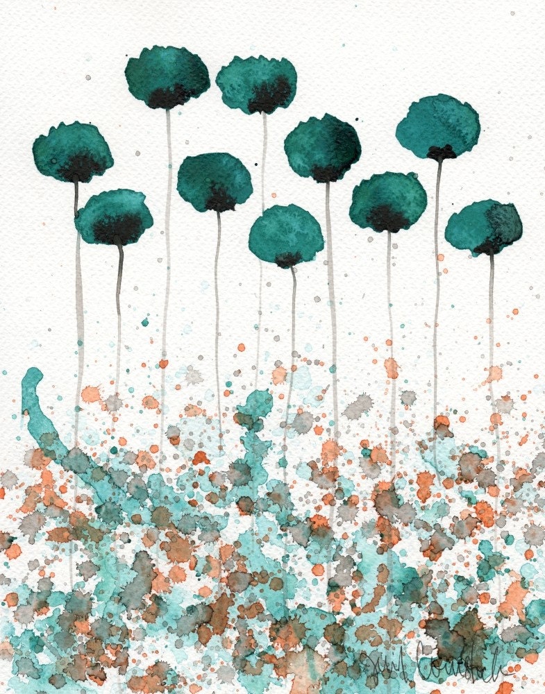 Buy 2 Get 1 FREE -- Watercolor Painting: Watercolor Flowers -- Art Print --  Here You Are -- Teal Flowers -- 8x10