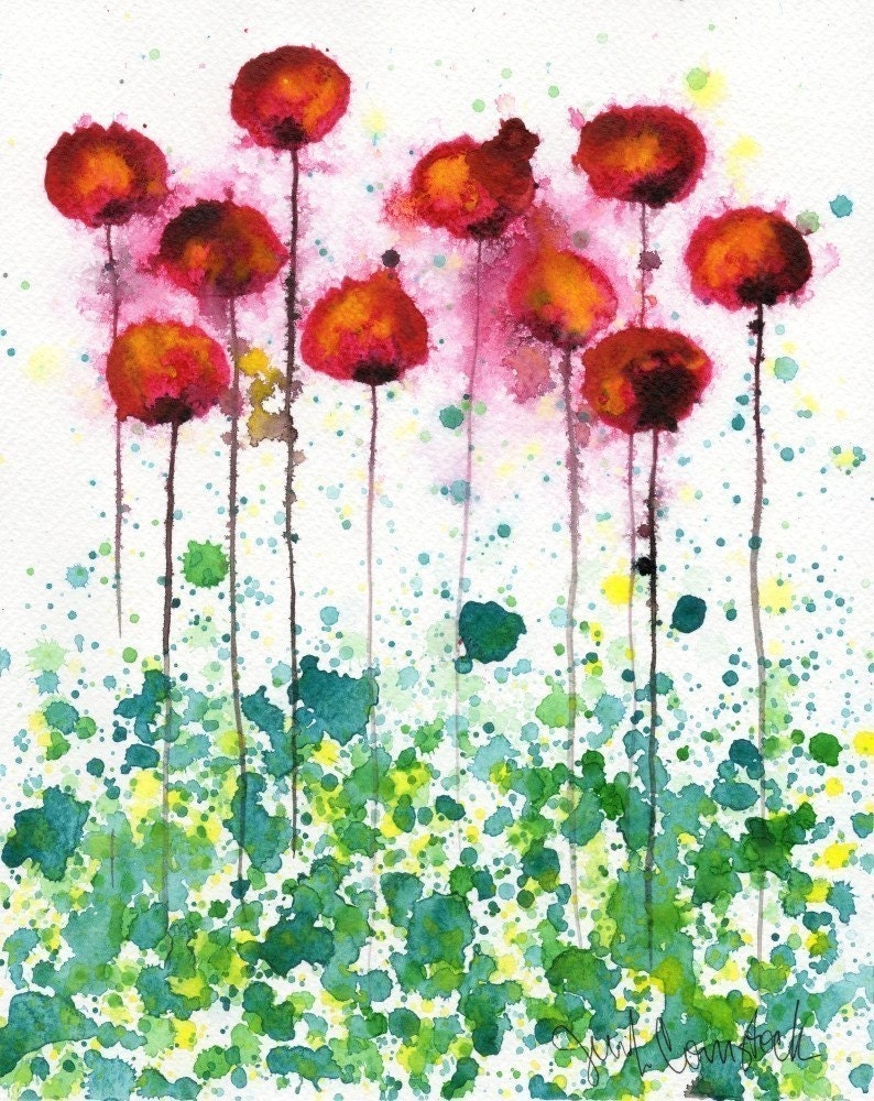 Buy 2 Get 1 FREE -- Watercolor Painting: Watercolor Flowers -- Art Print --  Plastic Jellyfish -- Pink and Yellow Poppies -- 8x10