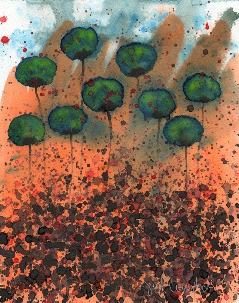 Buy 2 Get 1 FREE -- Watercolor Painting: Watercolor Flowers -- Art Print --  Burnt Earth -- 8x10