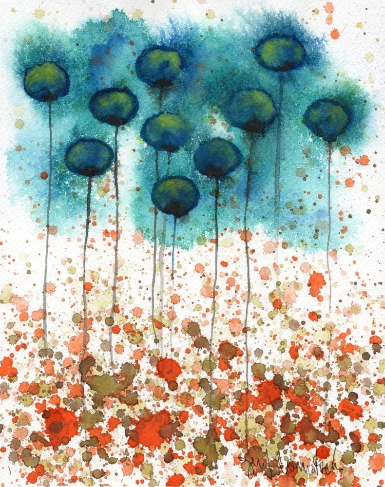Buy 2 Get 1 FREE -- Watercolor Painting: Watercolor Flowers -- Art Print --  Tide Pool -- Teal Flowers -- 8x10