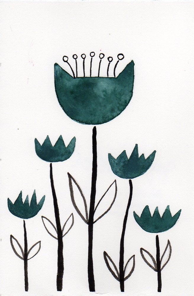 Buy 2 Get 1 FREE -- Watercolor Painting: Watercolor Flowers -- Art Print --  Scandinavian Tulips in Teal -- 4x6