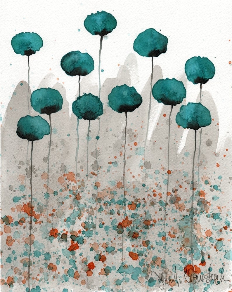 Buy 2 Get 1 FREE -- Watercolor Painting: Watercolor Flowers - Art Print - Mister Muscle - Teal Watercolor Flowers - 8x10