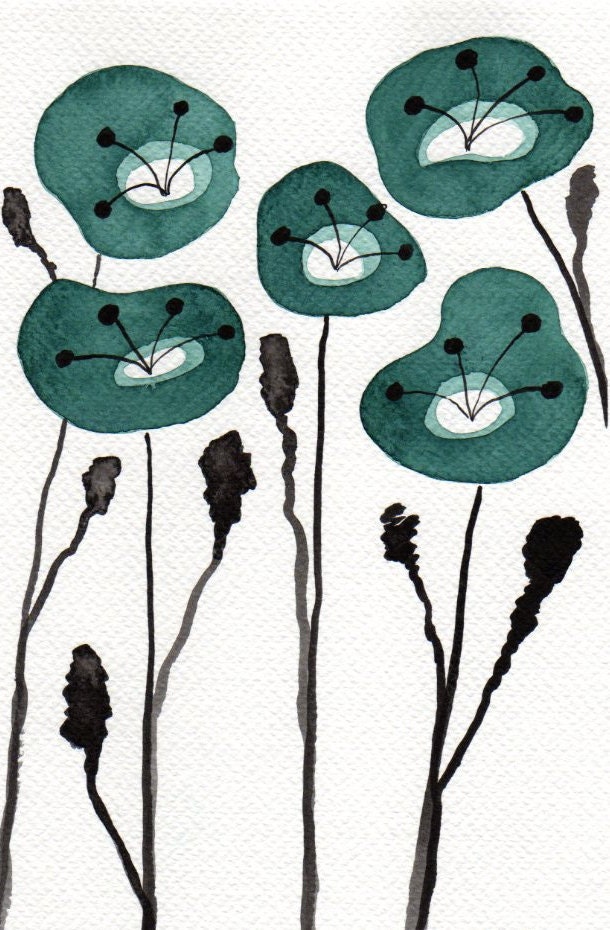 Buy 2 Get 1 FREE -- Watercolor Painting: Watercolor Flowers -- Art Print --  Teal Poppies  -- Scandinavian Flowers -- 4x6