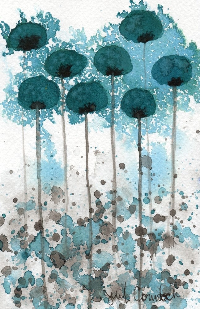 Vibration Teal Flowers Original Watercolor by PopwheelArt