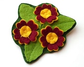 Auricula Trio, felt flower brooch, burgundy, yellow, spring green