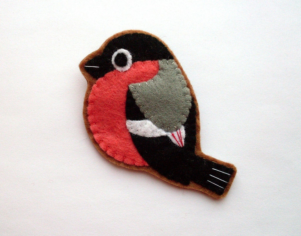 Bullfinch, felt bird brooch, coral, grey, black