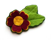 Auricula Brooch, felt flower pin, burgundy, yellow, spring green