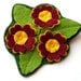 Auricula Trio, felt flower brooch, burgundy, yellow, spring green