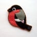 Bullfinch, felt bird brooch, coral, grey, black