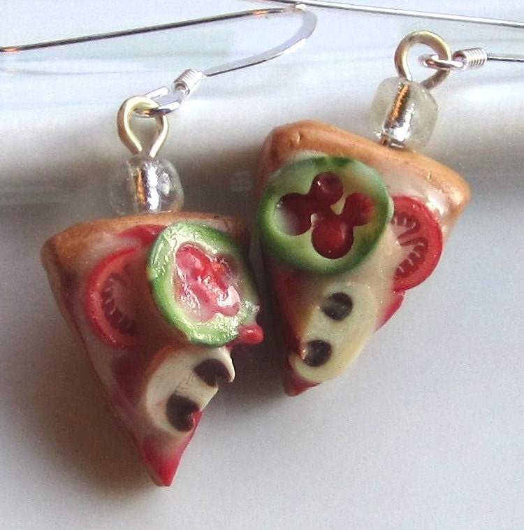 Pizza Earrings - Green Pepper, Mushroom, Tomato