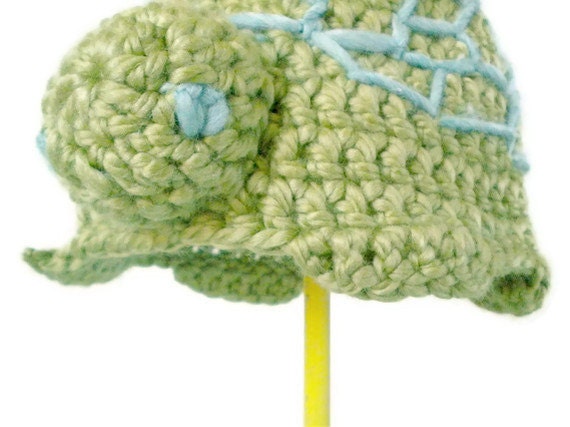 Crochet Animal Hat - Minimalist Turtle Hat in Pale Grass Green with Powder Blue Lines for Baby / Toddler / Boy / Girl / Man / Woman