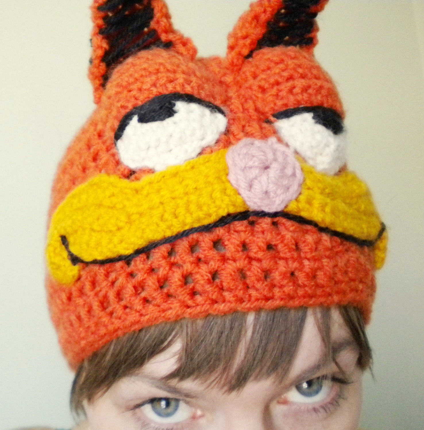 Crochet Hat - Retro Cartoon 3-D Cat Hat in Bright Orange with Ears and Snout for Adults - Silly and Chunky Crochet Hat