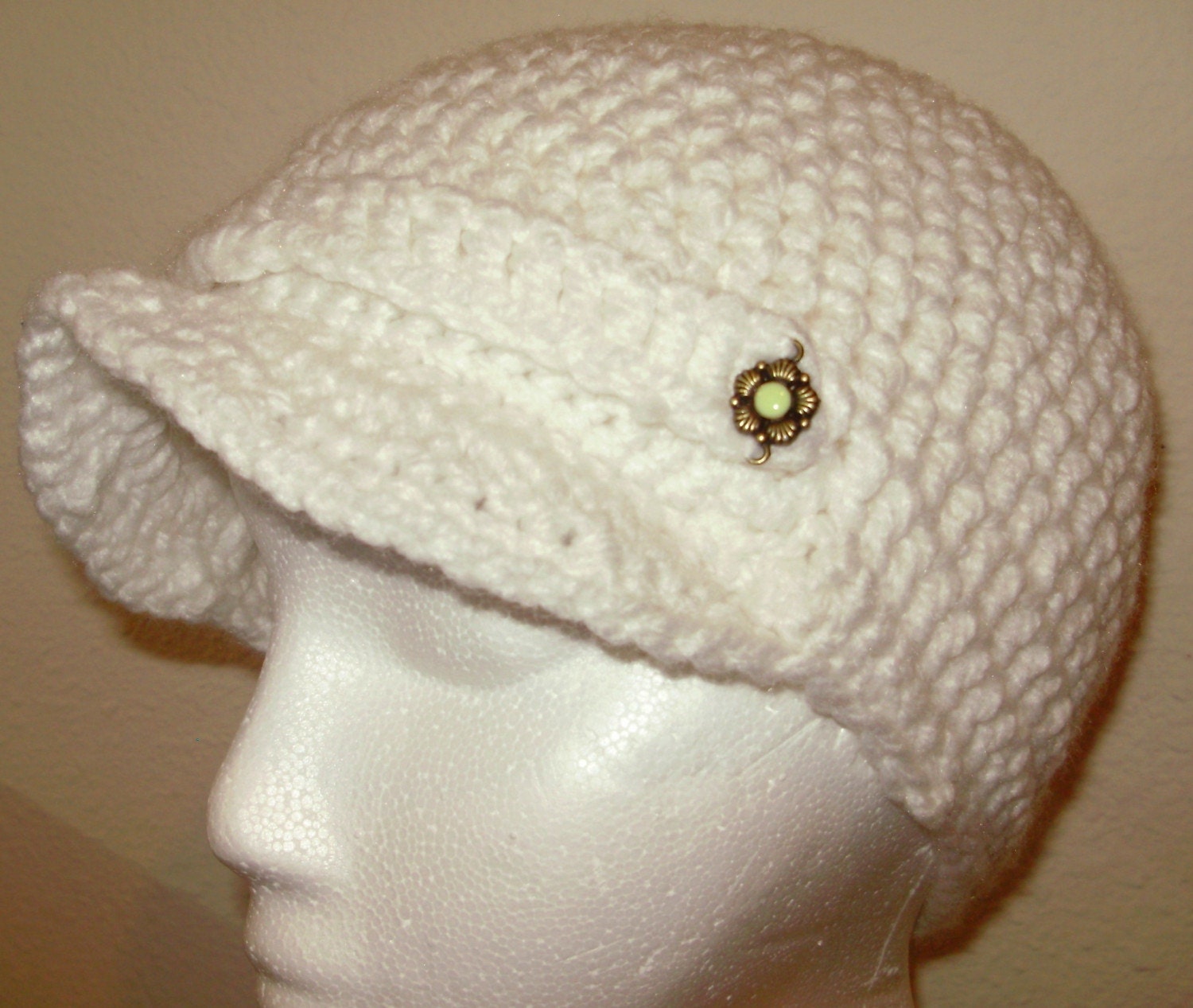 Brimmed White Hat with Strap and Beads