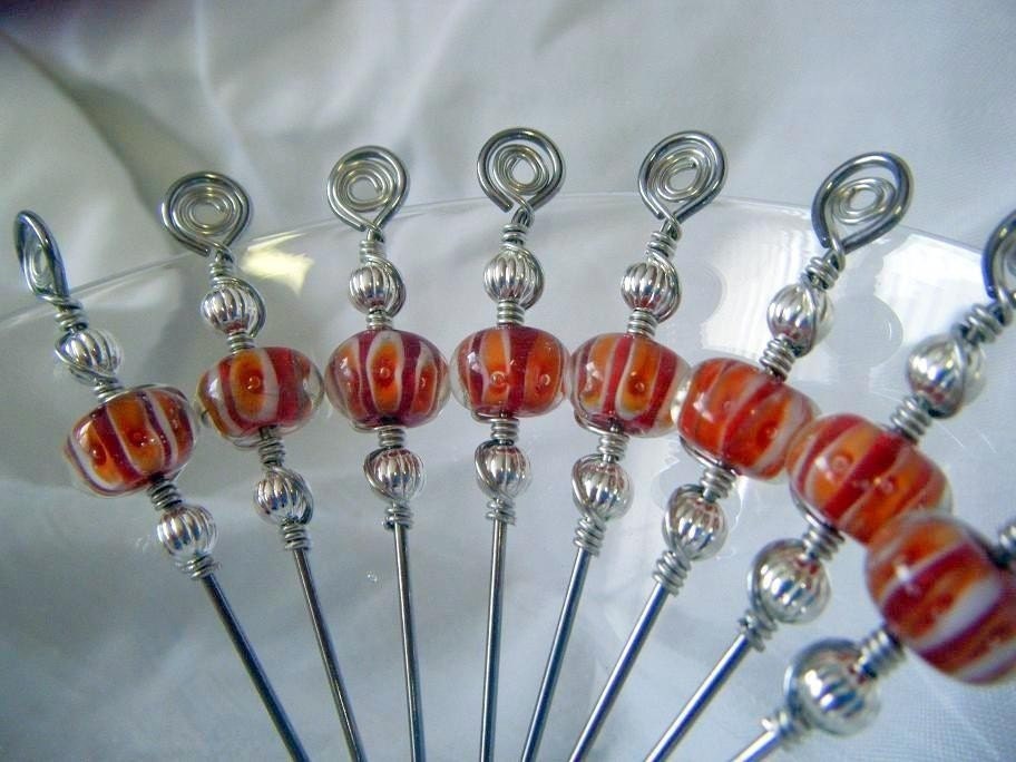 SET OF 8 Wire Wrapped Appetizer Picks Feat. Orange Lampwork Beads
