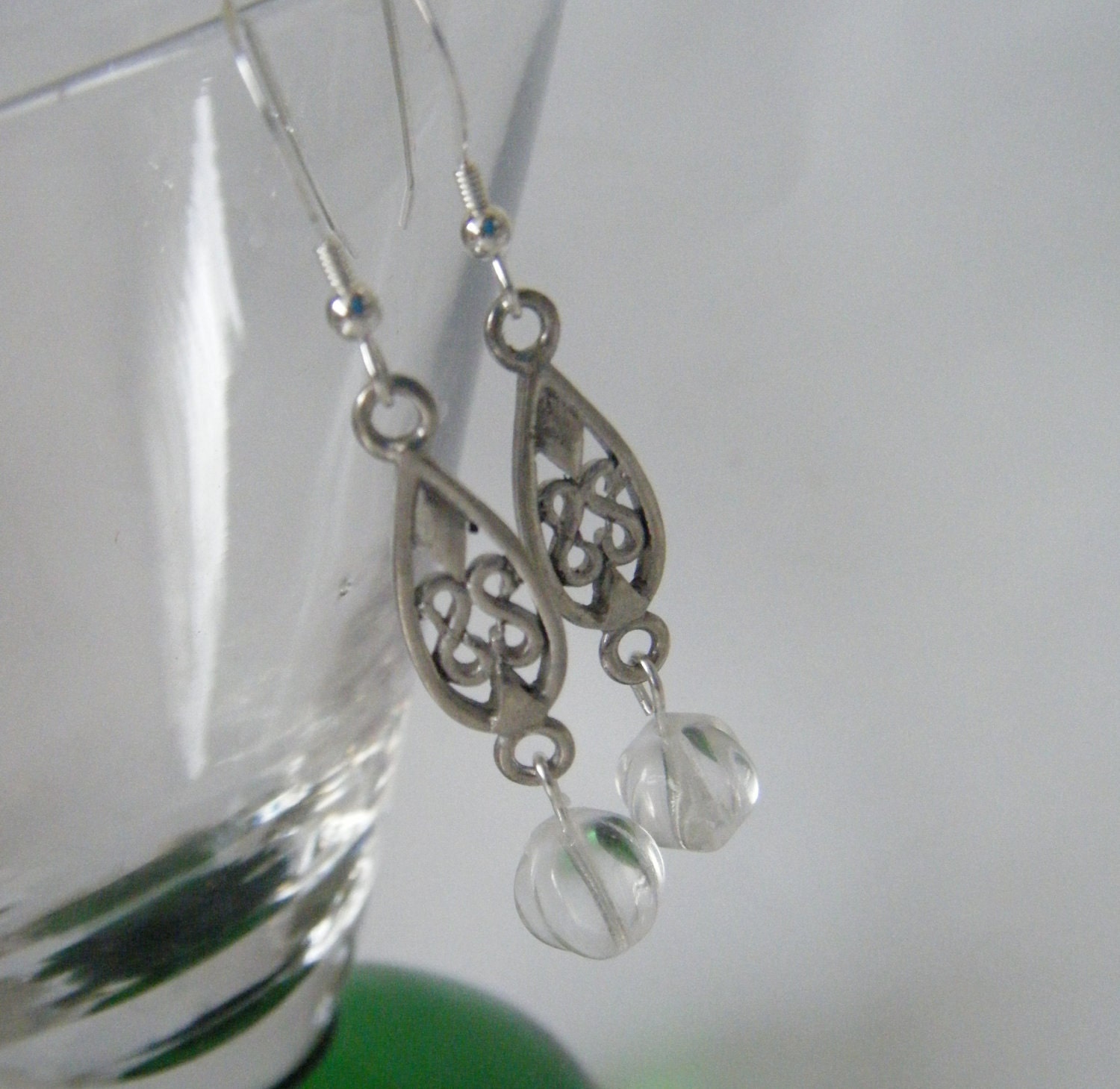 Sterling Silver Earrings with Clear Glass Fluted Bead and Pewter Drop