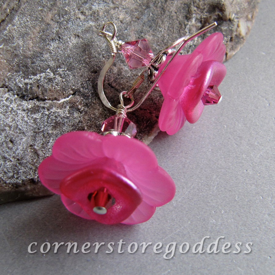 Cornerstoregoddess Lucite Glass Crystal Hot Pink Spring Flower Earrings