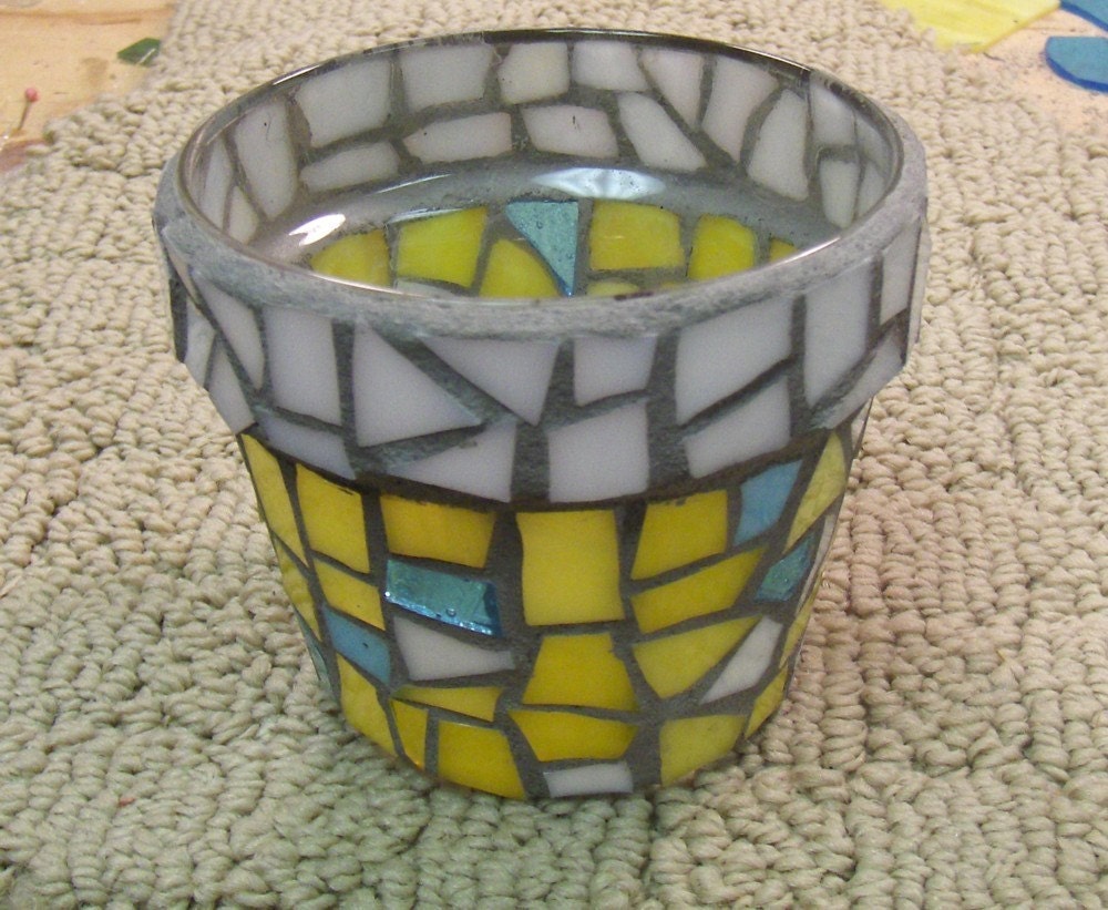 Glass Mosaic Candleholder In Yellow, White, Grey and Aqua