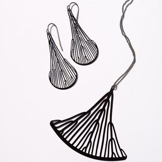 Black Dichotomous Earrings - stainless steel earrings, leaf jewelry, organic intricate