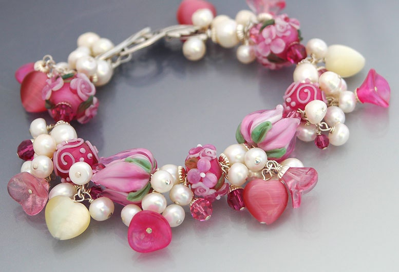 RESERVED - Pink Lampwork Charm Bracelet, Floral Tulips Roses, Pearls