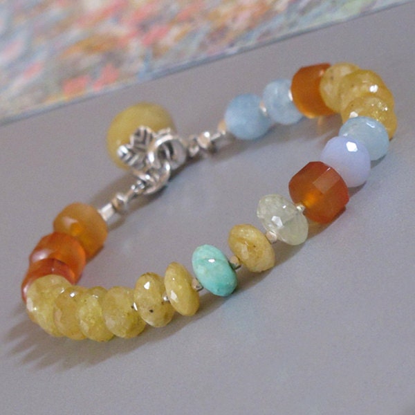 Reserved - Sapphire Carnelian Aquamarine Chalcedony Gemstone Sterling Silver Bead Bracelet