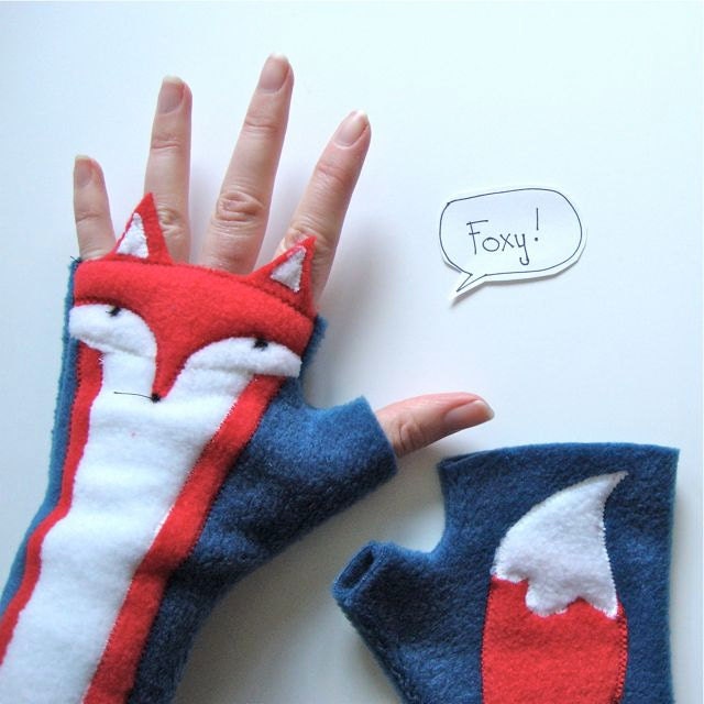 Fingerless Gloves, RED Fox, soft, washable fleece, wrist warmers