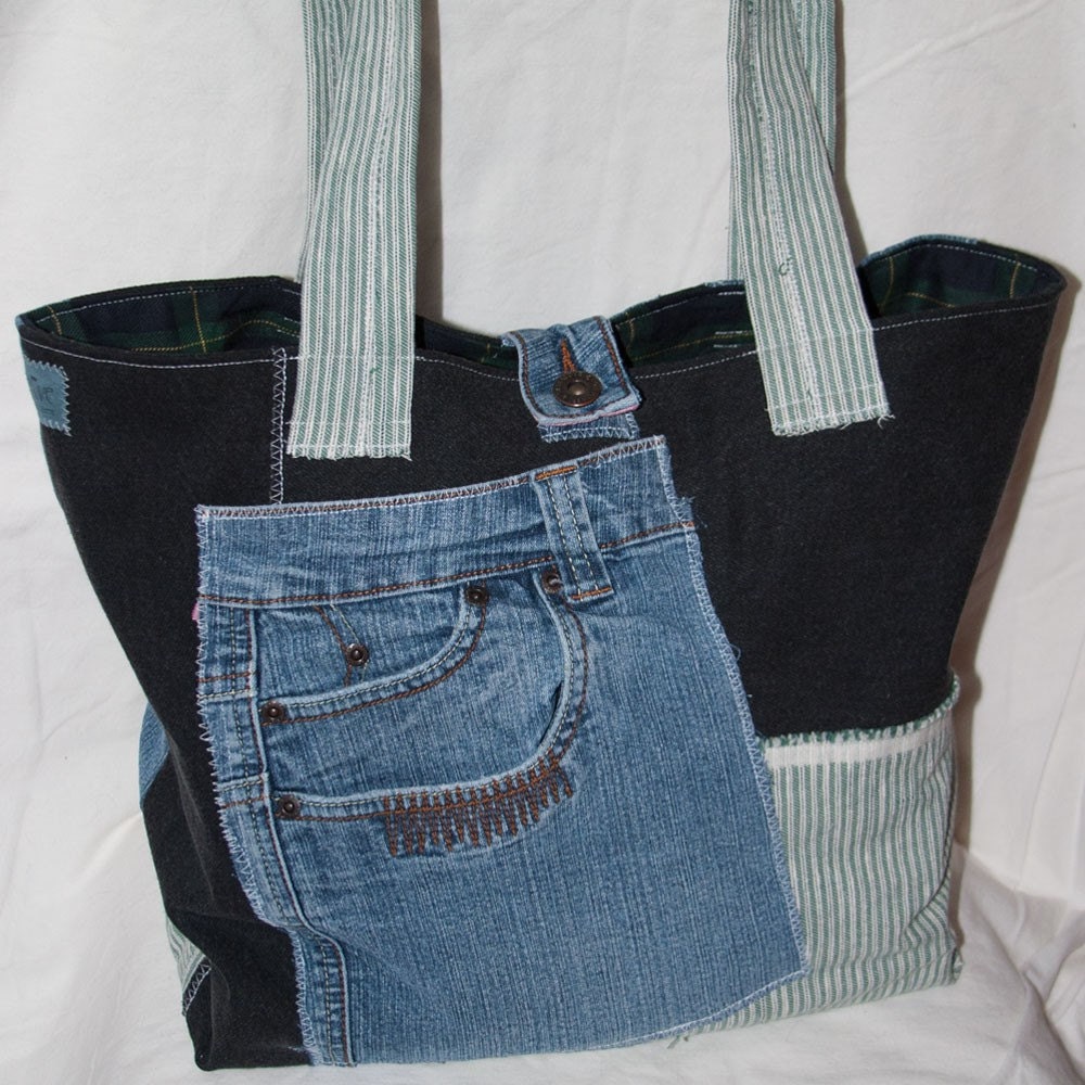No. 386 - Super Shabby Patchy Tote in Blue, Black and Green