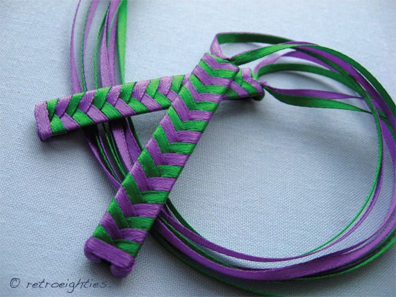Purple and Green - Braided Ribbon Barrettes