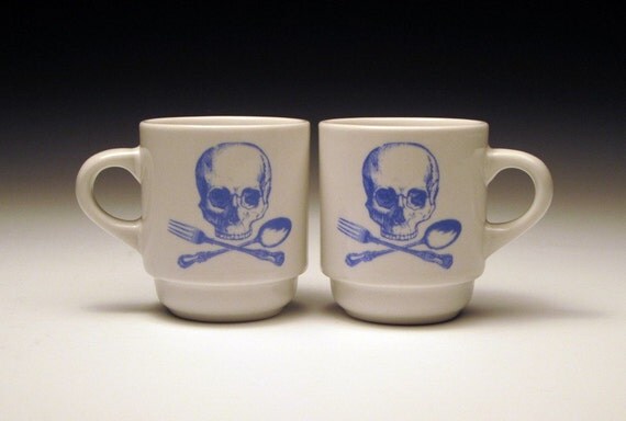 set of 2 skull and cross utensils Espresso cups in BLUE