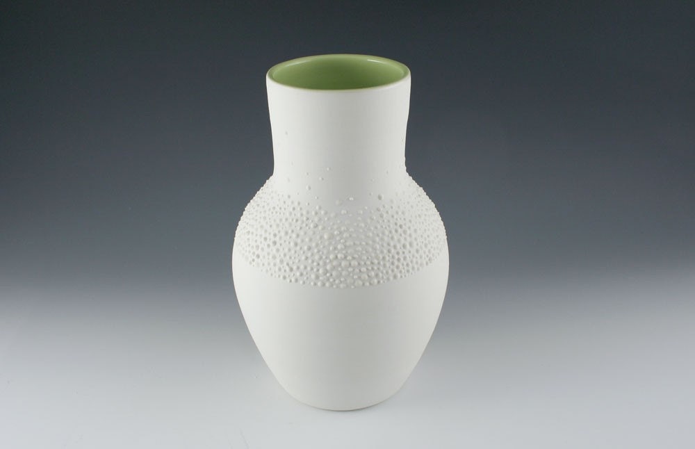 FREE US SHIPPING White on White Pebble Vase with Green Interior