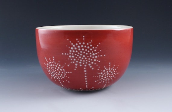Latte Bowl in Red with Blooms