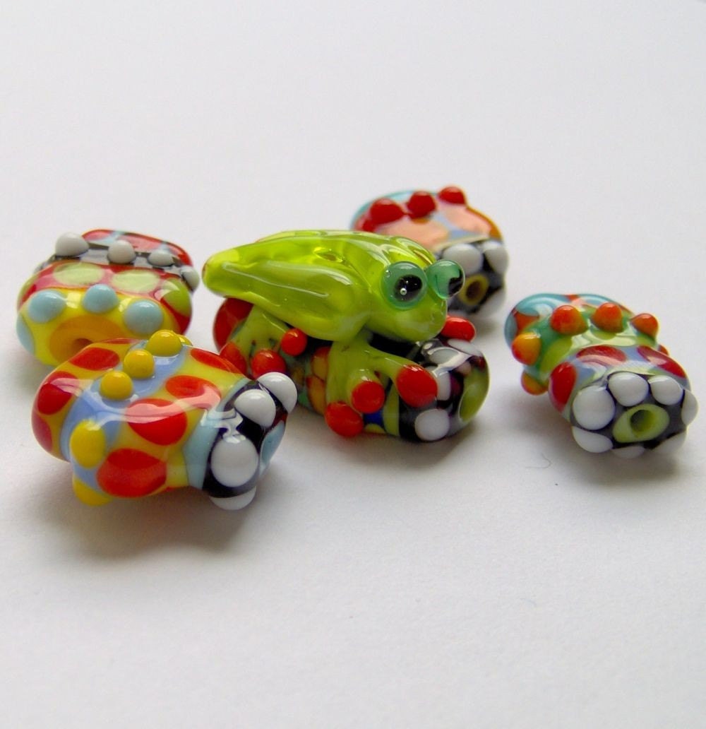 Lampwork Bright Green Frog Set,Handmade SRA LETEAM. Glassymom