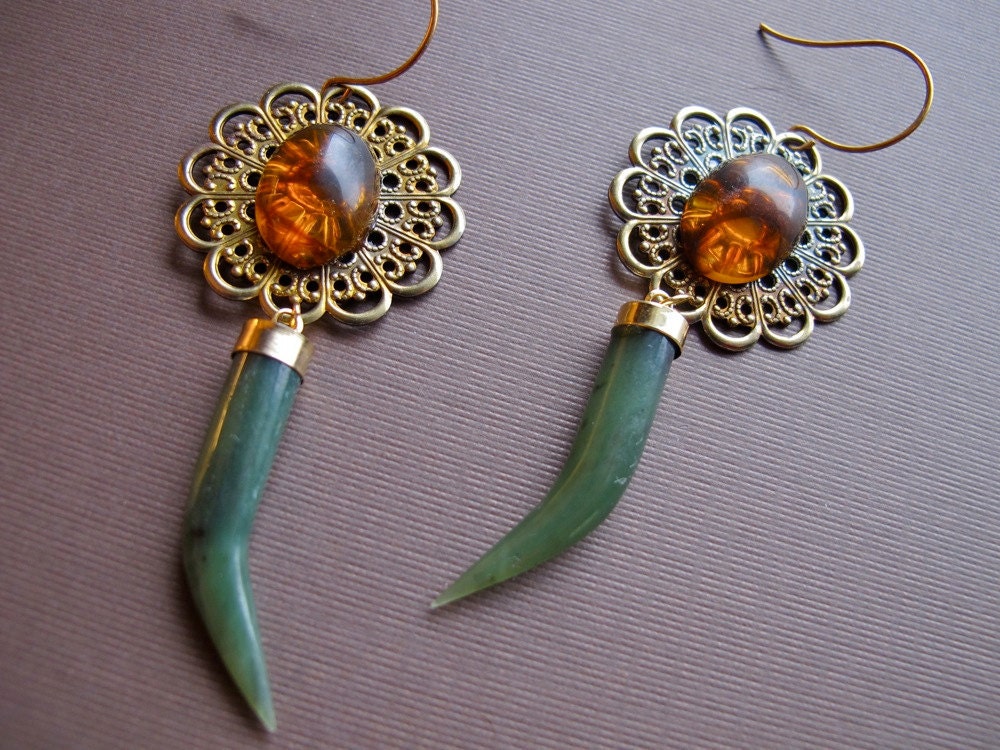 Tribal Earrings, Green Jasper Horn, Vintage Brass Filigree Charm, Tortoise Cabochon Handmade Jewelry from Vintage Components Under 25