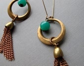 Brass Hoop and Tassel Earrings, FEATURED on FAB.COM  Vintage 1970s, Green Glass Beads Bohemian Earrings by Glamourpuss Creations on etsy