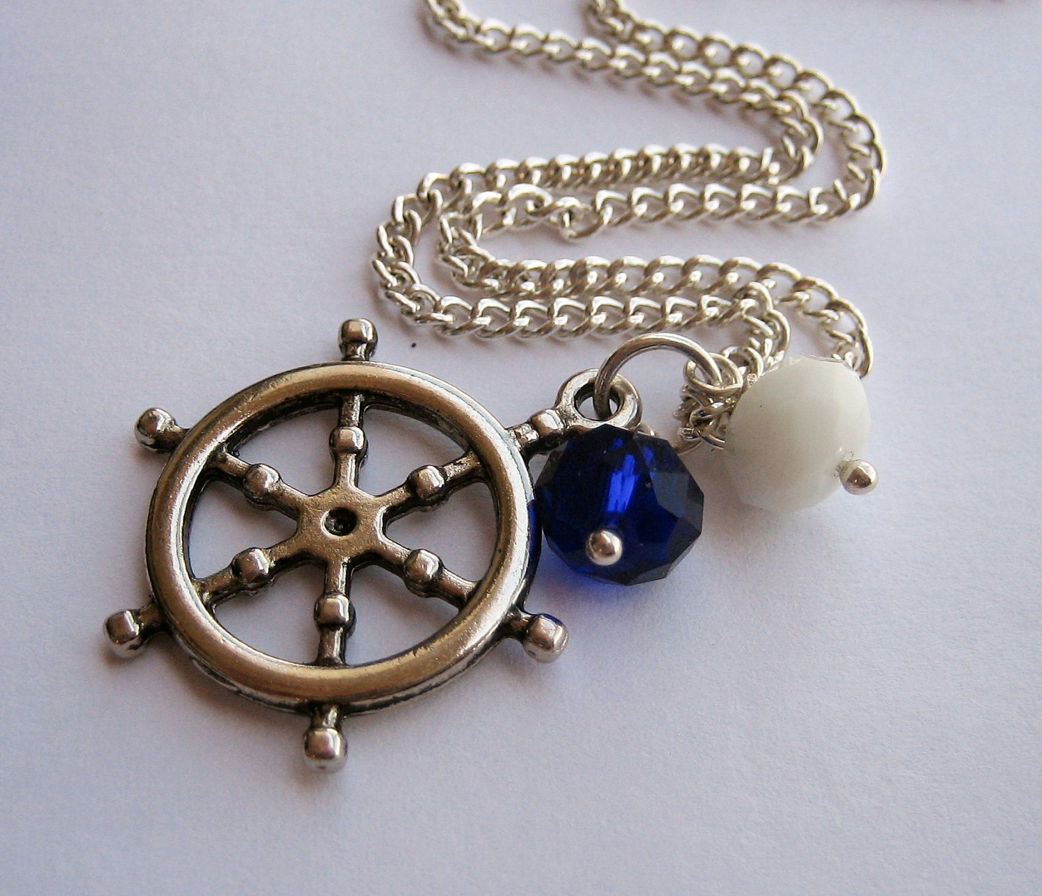 Anchor Charm Necklace, Nautical Charm, Antique Silver, Blue White Glass Bead, Long 28 Inch Chain - SAIL AWAY