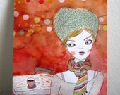 Coffee Nights Art Postcard girl art