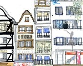 French boutiques - Ink, watercolour and collage illustration